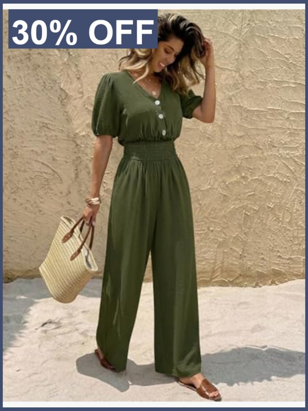 Short Sleeve V Neck Wide Leg Jumpsuit Romper One Piece Outfit - Picture 4 of 7
